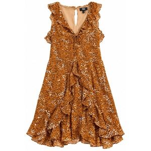 PAIGE 100% Silk Ruffle Mini Dress Caramel Spice Leopard Print S 5133132-4812
